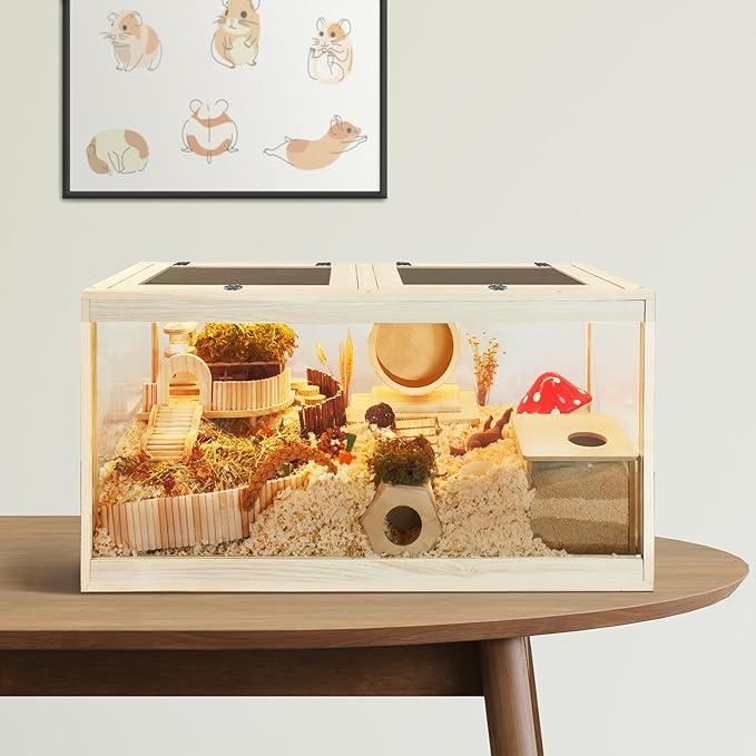 PROLEE Hamster Cage with Metal Mesh Top, Chewproof Wooden Guinea Pig Cages, Mice and Rat Habitat,Large Hamster Cages with Acrylic Sheets Solid Built (24X16X16 Inch)