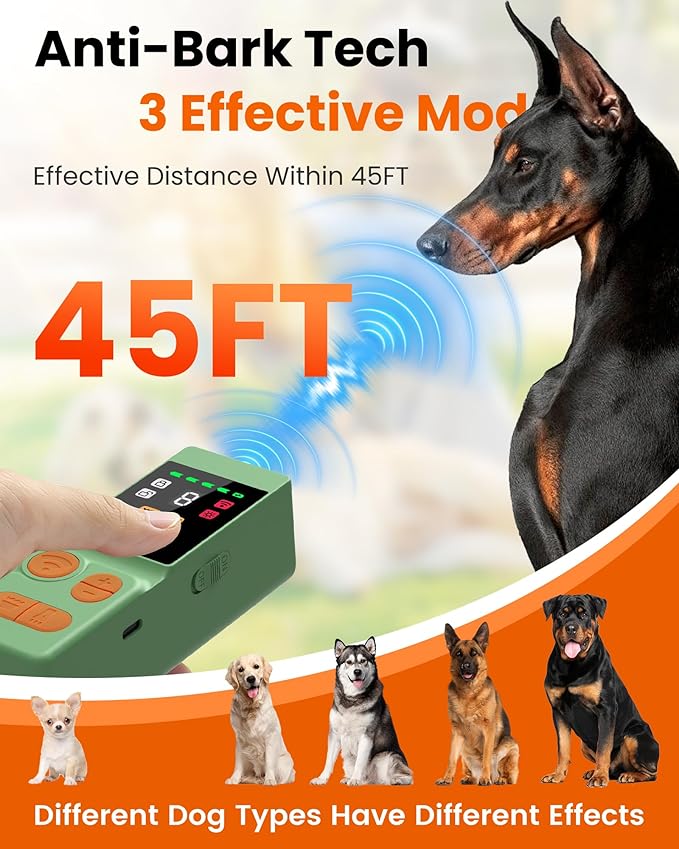 [Digital LED Display] ultrasonic Dog bark Deterrent with 4 Transmitters, Green 10 Gears Dog Training Device for Dogs, Rechargeable Anti Barking Device & Dog Repellent with Flashlight