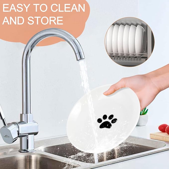 6 Pack Cat Food Bowl, Ceramic Cat Bowls, Anti Whisker Fatigue Cats Bowl Set,5.5 Inches Shallow Wide Kitten Plates for Food and Water (White-E)