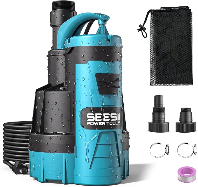 SEESII 1HP Automatic Submersible Water Pump - 5548 GPH High Flow | Auto/Manual Modes, Sump Pump with Dry Run Protection for Fast Water Removal from Pools, Hot Tubs, Basements, Ponds and Yards