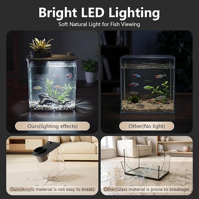 0.8 Gallon Betta Fish Tank Aquarium Starter Kit with Light and Lid(Black) | Premium Acrylic Aquarium with Light and Lid, Crystal Clear Starter Kit for Betta Fish, Shrimp, Snails and Small Fish