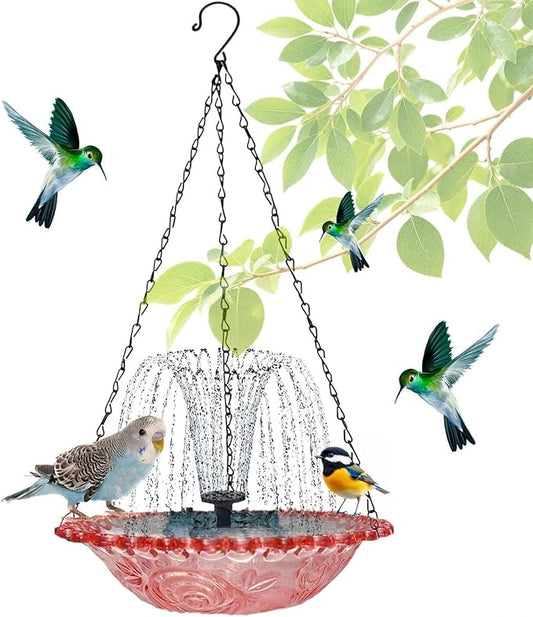 Hanging Solar Bird Bath Fountain with Solars Pump & Bowl & Chains Large Humming Solar Water Fountains with Flowing Water for Outdoor Garden Backyard Patio Lawn(Pink)