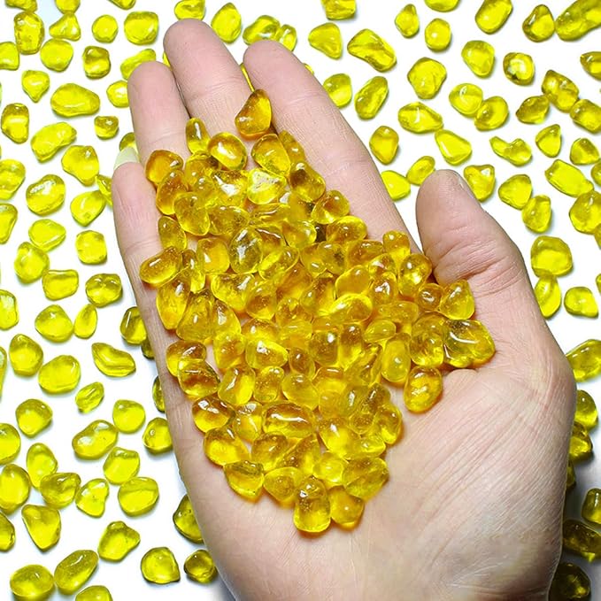 Glass Stones, 1Lb/460g Irregular Sea Glass Pebbles Non-Toxic Artificial Gemstones for Vase Filler/Terrarium Flowerpot Aquarium Turtle Tank Decoration/Handcraft Making, Yellow