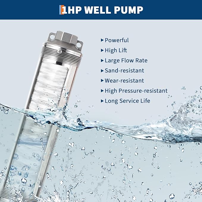 Deep Well Submersible Pump, 1HP 110V/60Hz, 27GPM Flow 204ft Head, with 33ft Electric Cord & Check Valve, 4" Stainless Steel Water Well Pump for Industrial,Irrigation,Home Use, IP68 Waterproof Grade