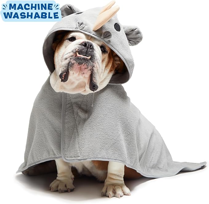 Barkbox Dog Bathrobe Fast Drying with Hook and Loop Closure & Wrap Tie Snuggle, Cute Dogs Clothes, Easy to Clean, Machine Washable, Dog Coats and Tumble Dry Low - Rhino, Medium