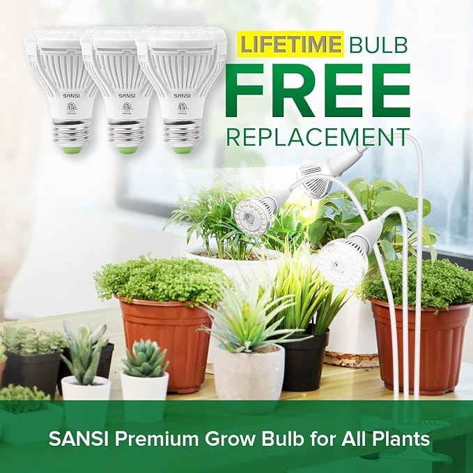 SANSI Grow Lights for Indoor Plants, 30W Clip-On Gooseneck LED Plant Lights | Lifetime Free Bulb Replacement, Plant Lights for Indoor Growing, 3-Head No Timer, Full Spectrum LED Grow Light, High PPFD
