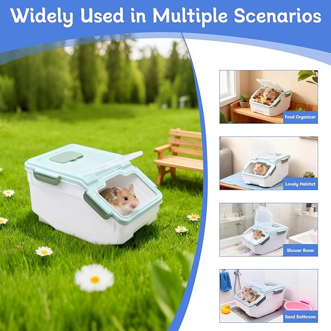 Large Chinchilla Sand Bath Container Kit with Sand Cup & Shovel | Plastic Dust Bath House for Hamster, Hedgehog, Guinea Pig, Squirrel & Small Animals | Pet Room (Green)