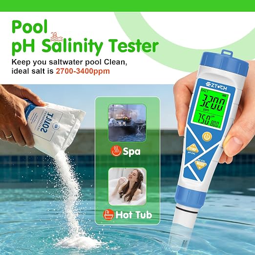 Pool pH Salt Chlorine Tester 8 in 1 Digital Salinity TDS EC ORP H2 | pH Chlorine for Salt Water Pool, Hot Tub, Hydroponic, Aquarium, Hydrogen Water Bottle, Simultaneously Display pH&CI-Temp