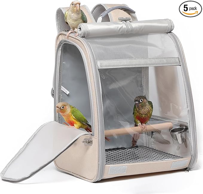 Bird Carrier Backpack, Portable Travel Bird Cage with Standing Perch, 2 Feeder Cups, Iron Mesh Stand & Removable Tray Lightweight, Breathable Mesh Window for Parrot Carrier，Easy Clean (Cream)