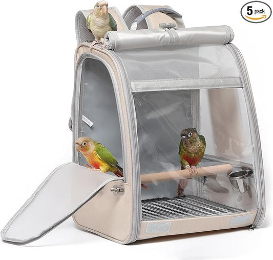 Bird Carrier Backpack, Portable Travel Bird Cage with Standing Perch, 2 Feeder Cups, Iron Mesh Stand & Removable Tray Lightweight, Breathable Mesh Window for Parrot Carrier，Easy Clean (Cream)