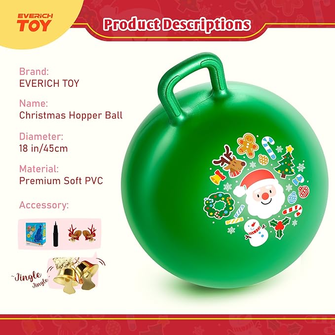 Hopper Ball for Kids 18In Sit On Bouncy Balls with Handle for Indoor Outdoor Active Play, Green Christmas Inflatable Boys Girls Gifts for 4 5 6 7 8 Years Old with Christmas Reindeer Ears