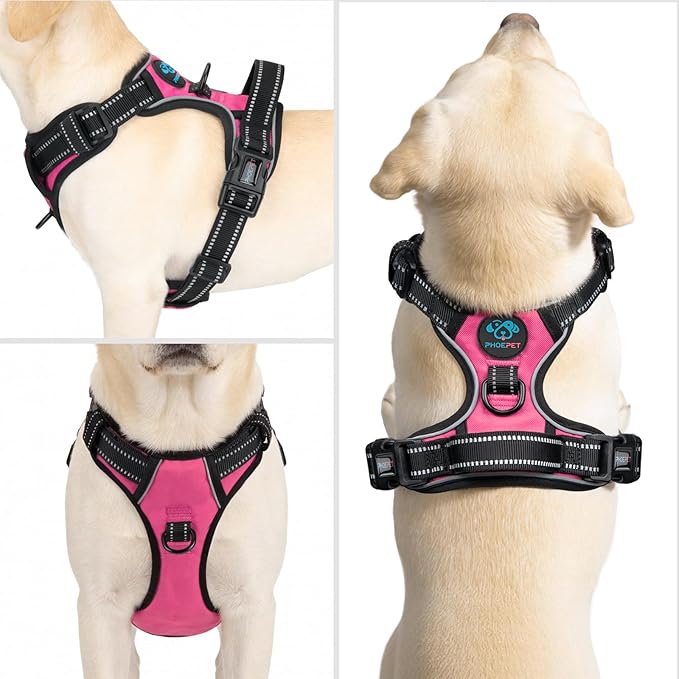 PHOEPET No Pull Dog Harnesses for Small Puppies Reflective Adjustable Front Clip Vest with 2 Metal Leash Attachment Hooks Soft Handle(S, Pink)