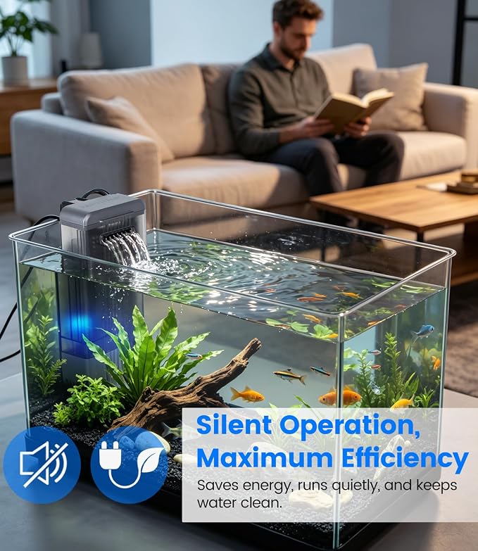 Aquarium Filter with U-V Light, Internal Fish Tank Filter for Up to 40 Gallon, Turtle Tank Filter Bio-Filtration, Ultra-Silent, and Green Water Clean