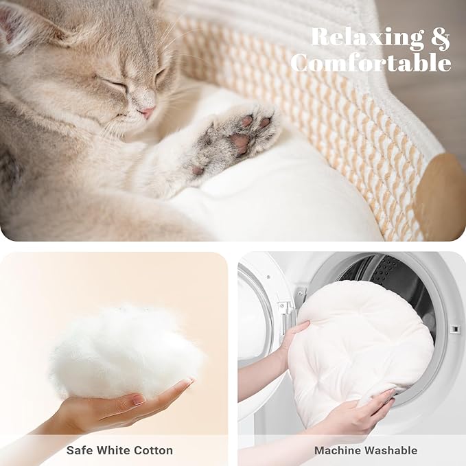 CHEERHOME PETS Cat Bed Basket with Cushion, Cotton Rope Woven Pet Bed for Indoor Cats Couch, Stimulicat Cat Bed Handwoven Breathable, All Season Universal (White)