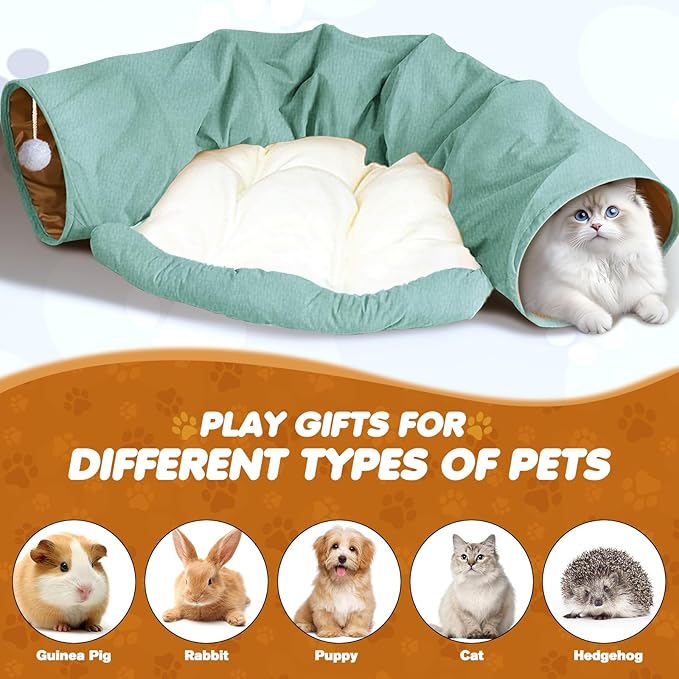 Spardar Bunny Tunnel Bed, 2-in-1 Collapsible Tunnel Tubes Toys, Washable, with Removable Mat Hideout, Interactive Toys for Rabbits Chinchilla Hedgehog Guinea Pigs Kitty, Matcha Green