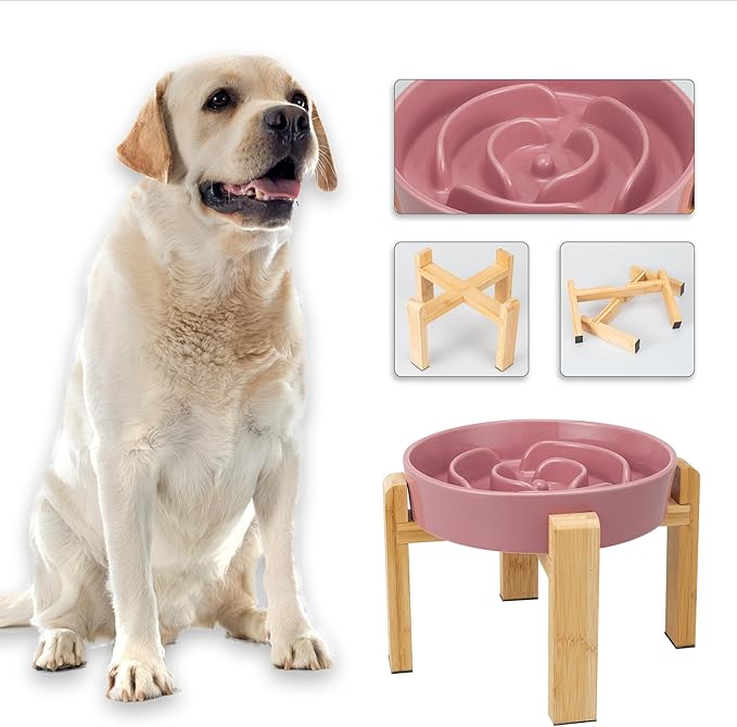 Elevated Slow Feeder Dog Bowl Large Breed, 8.8 Inch Ceramic Slow Eating Bowl with Bamboo Stand, Anti-Choking Raised Maze Design for Medium to Large Dogs, 3.2 Cup, Pink