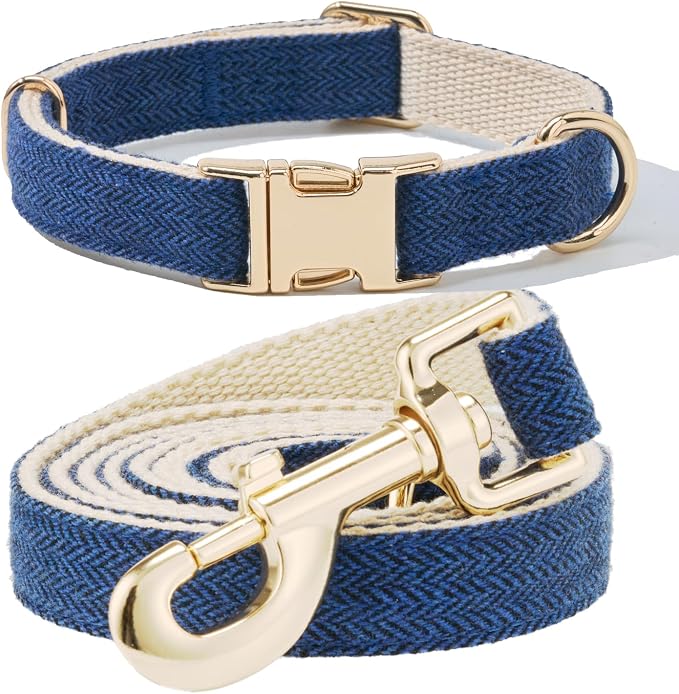 Luxury Soft Cotton Tweed Fabric Dog Collar & Leash Set with Gold Buckle – Durable Fabric, Stylish Design for Everyday Walks(Small Navy)