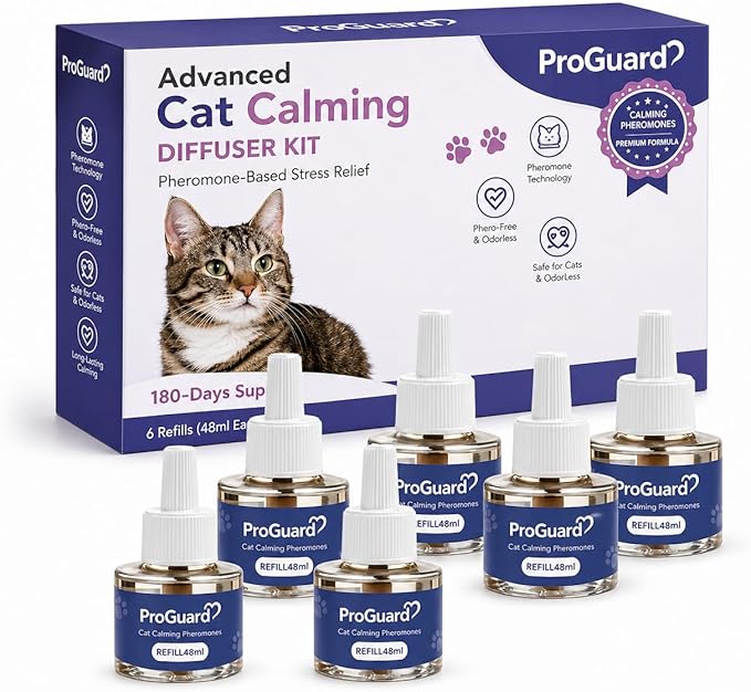 ProGuard® Cat Calming Diffuser Refill 6 Pack Cat Calming Pheromone Diffuser Refill Cat Plug in Pheromones Cat Stress Diffuser Cat Pheromones Calming for Cats Anxiety and Stress 48ml Vial-180 Days