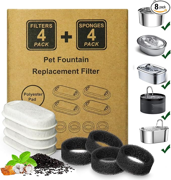 Cat Water Fountain Filter,8 Pack Cat Fountain Filter Replacement for Stainless Steel 67oz/2L and 3.2L/108oz Pet Water Fountain,Pet Fountain Filters Replacement(4+4 Pack)