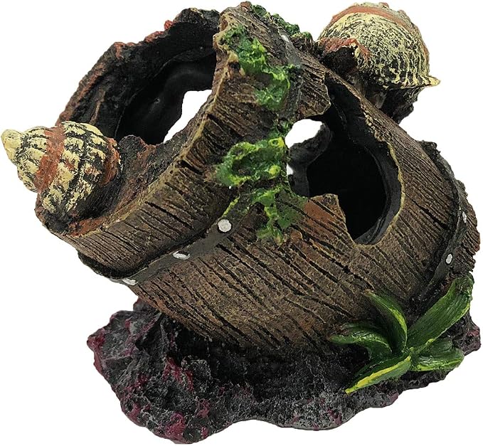 SLOCME Aquarium Broken Barrel with Conch Decorations - Betta Cave Hideout Fish Tank Barrel Ornament