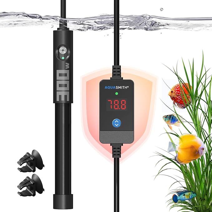 AQUASMITH 300W Aquarium Heater Precise Control Fast Heat Auto Off Anti Dry Burn 26-40Gal Tank | External LED precise temp control, fully submersible installation, explosion-proof tube for fresh & salt water