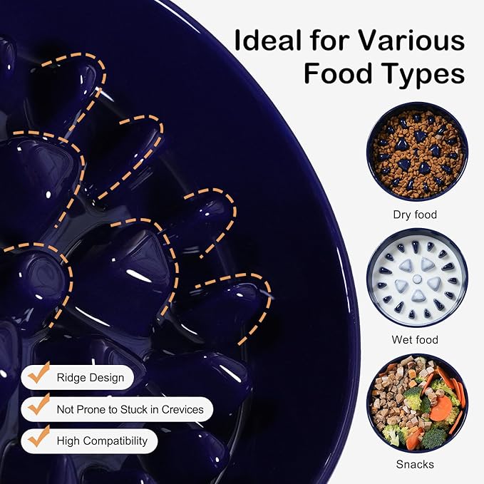 Sted Ceramic Slow Feeder Dog Bowls with Silicone Base, Slow Feeding Dog Bowl Small Medium Breed, Dogs Food Bowls for Fast Eaters, Puzzle Dogs Food Bowl, Maze Blue