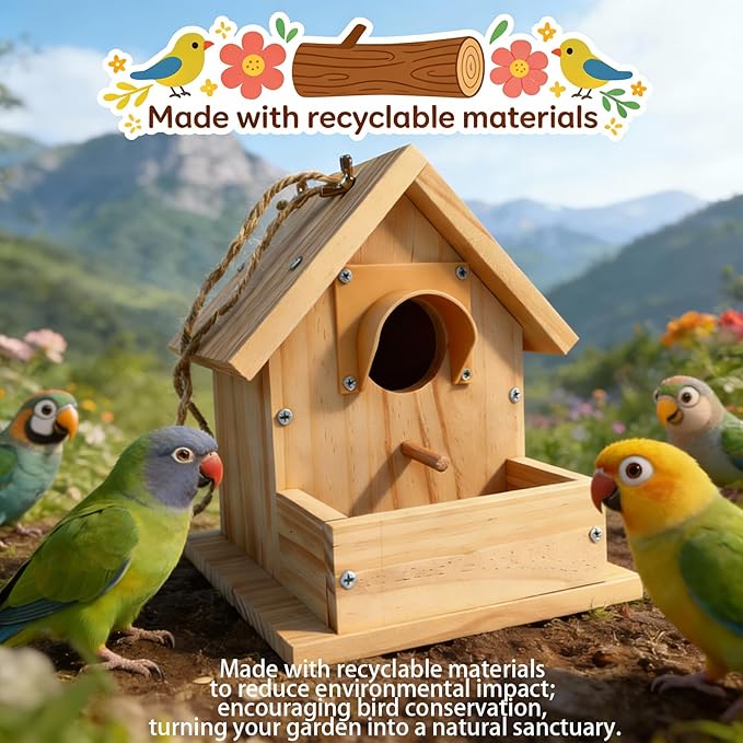 Hanging Bird House for Outside Clearance, Cedar Wooden Bird House to Paint for Finch Bluebird Cardinals, Bird Nest Feeder W/Rain Awning Kit for Outdoor Backyard Courtyard Patio Decor (DIY Detachable)