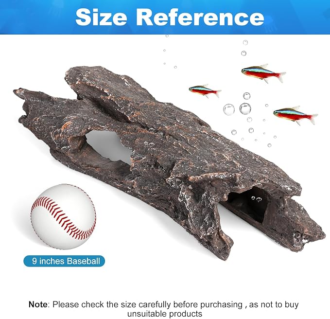TRUVIC Fish Tank Decorations - Aquarium Cave Decor, Resin Hollow Tree Trunk Reptile Hide & Betta Log Hideout for 20 Gallon Tank, Fish Accessories Shelter Cave