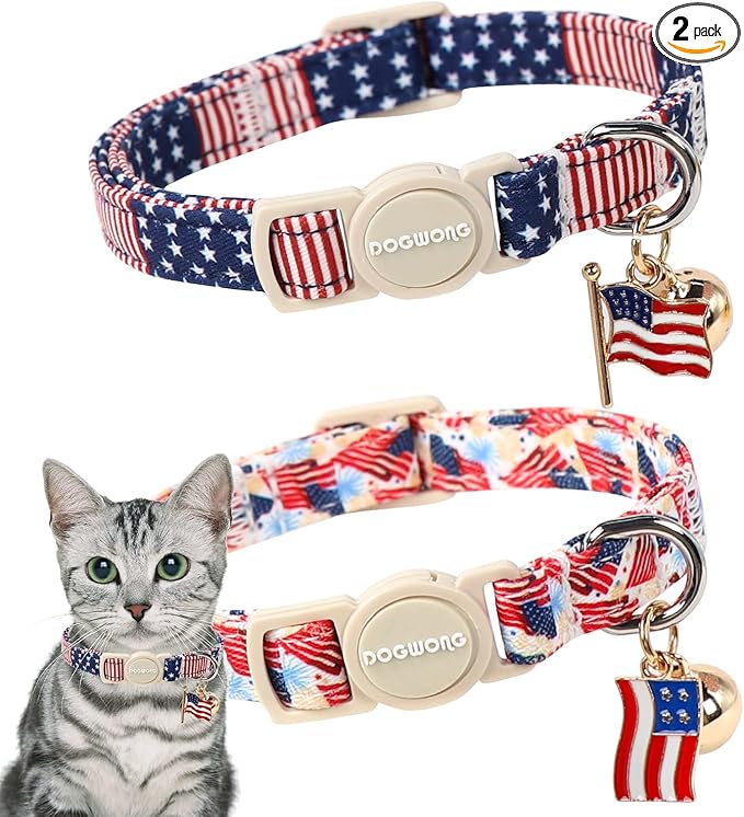 2 Pack American Flag Cat Collars Breakaway with Bell, DOGWONG Safety Buckle Independence Patriotic Cute Cat Collar for Girl Boy Cats，Adjustable 7-12 Inch