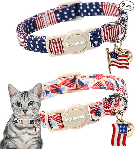 2 Pack American Flag Cat Collars Breakaway with Bell, DOGWONG Safety Buckle Independence Patriotic Cute Cat Collar for Girl Boy Cats，Adjustable 7-12 Inch
