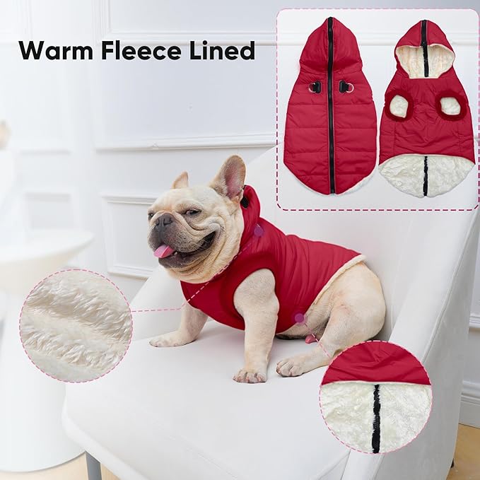 Vecomfy Fleece Lining Dog Hoodie with Harness Built in,Extra Warm Medium Dog Jacket in Winter Doggie Coats with Hooded,Red L