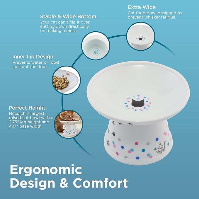 Necoichi Raised Cat Food Bowl Ceramic Elevated Cat Bowl for Whisker & Neck Fatigue, Dishwasher Microwave Safe Non-Slip & Anti Vomiting Ergonomic Design (Colorful Dots, Extra Wide, 2-Cups Capacity)