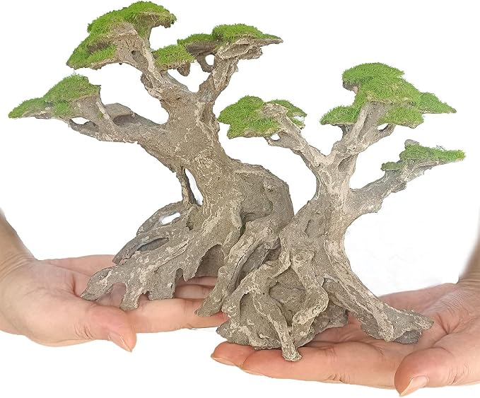 Novelsite Fish Tank Decor- Bonsai Trees with Faux Moss- Aquarium Rocks Aquascaping- Made of Sandstone, Goldfish Betta Fish Tank Decorations Hides Accessories