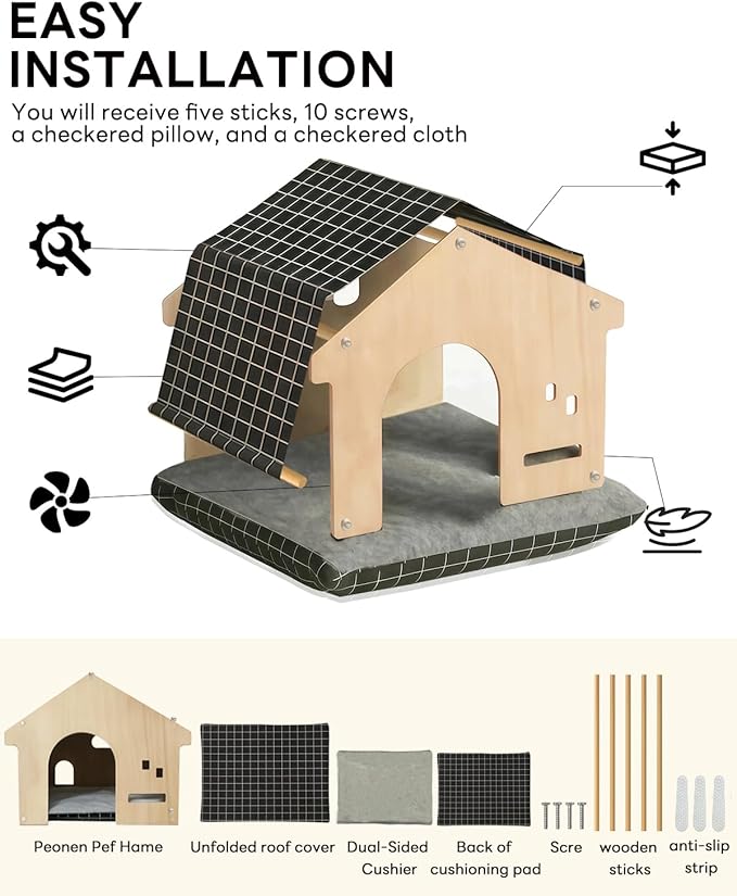 Indoor Dog House with Solid Pine Wood Frame, Furniture Style Cat House & Condos for Small Medium Dogs Cats Up to 25lbs, Modern Washable Dog Bed Cave (Black and White Grid)