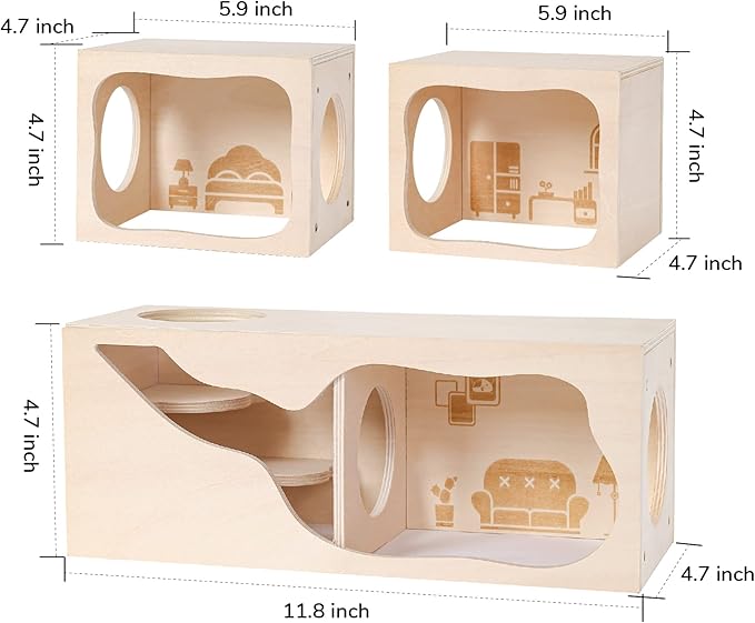 Hamster Hideout Wooden House Chamber Small Animals Pets Tunnel Exploring Toys Secret Peep Shed for Dwarf Hamsters, Syrian Hamsters, Gerbils, Hedgehogs, Rats, Mice (Bedroom)