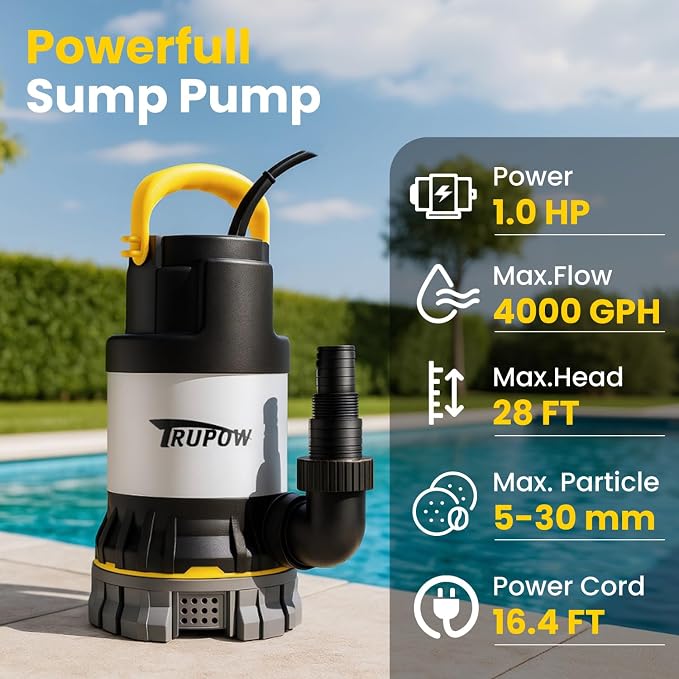 1 HP Sump Pump 4000 GPH Clean/Dirty Stainless Steel Submersible Water Pump Portable Electric Utility Pump with Folding Handle for Swimming Pool Garden Basement Tub Pond Draining
