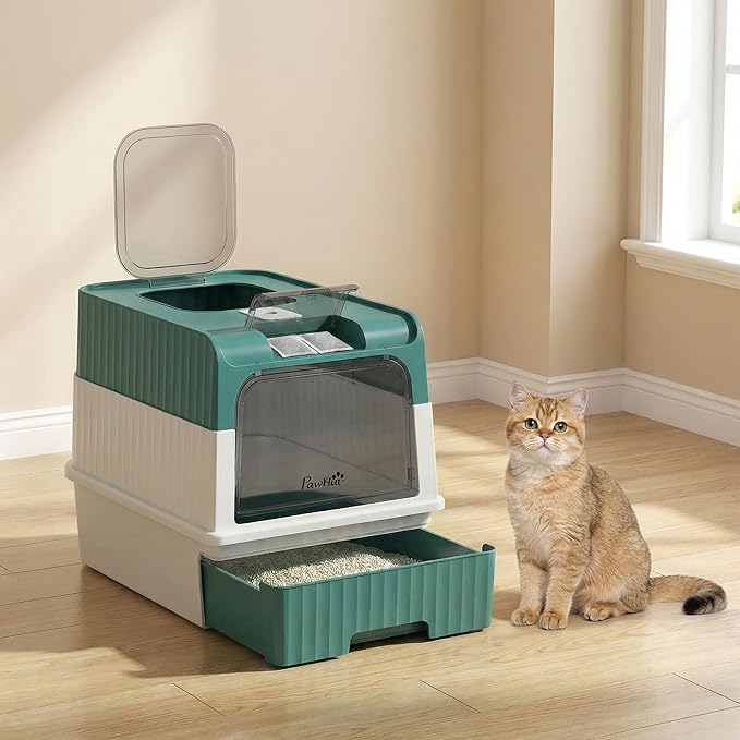 PawHut Cat Litter Box with Lid, Hooded Cat Litter Box with Pull-Out Drawer Tray, Scoop, Front Entry & Top Exit, 4 Deodorization Bags, Easy to Clean, Teal