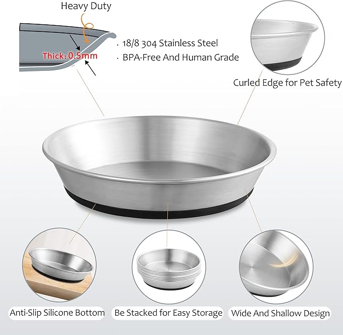 WROSWT Stainless Steel Cat Bowls,Whisker Friendly Shallow Cat Dishes for Food and Water,Non-Slip Silicone Bottom,Heavy Duty,Replacement Kitten Metal Plate for Elevated Stands,3 Pack