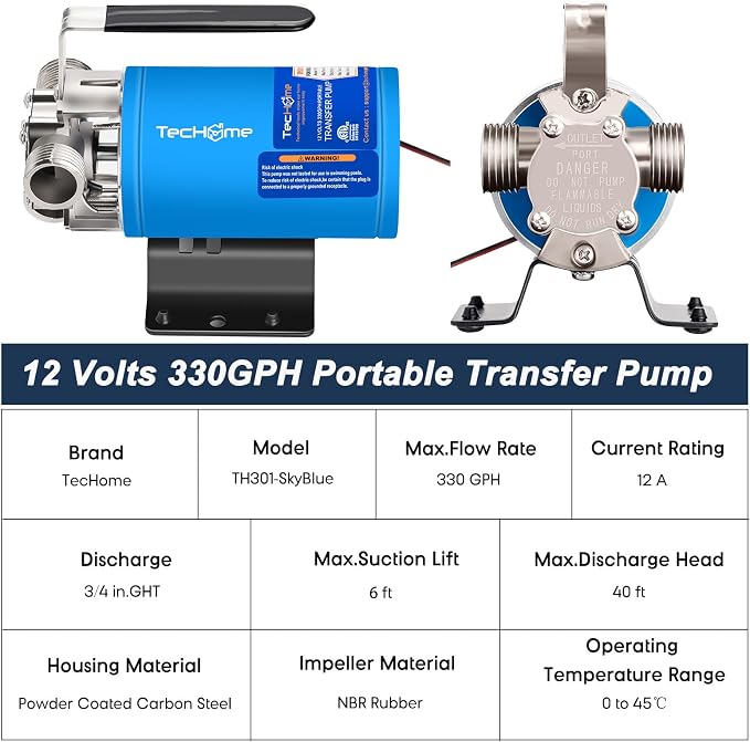 TecHome 12V Water Transfer Pump Water Pump Portable Electric Utility Pump. | 1/10HP 330GPH，with ON/OFF Switch and Suction Hose Kit.