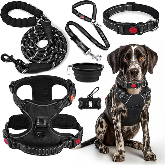 LOBEVE No Pull Dog Harness, Collar & Leash Set | Includes Dog Seat Belt, Collapsible Bowls & Poop Bag Dispenser. Ideal for Training, Walking, Hiking. Fits Small to Large Dogs(Black-M)