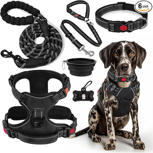 LOBEVE No Pull Dog Harness, Collar & Leash Set | Includes Dog Seat Belt, Collapsible Bowls & Poop Bag Dispenser. Ideal for Training, Walking, Hiking. Fits Small to Large Dogs(Black-L)