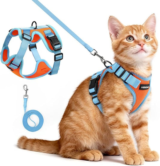 rabbitgoo Cat Harness and Leash Set, Escape Proof Soft Adjustable Vest Harnesses for Outdoor Walking, Easy Control Breathable Kitten Jacket with Reflective Strips, Orange & Light Blue, XS