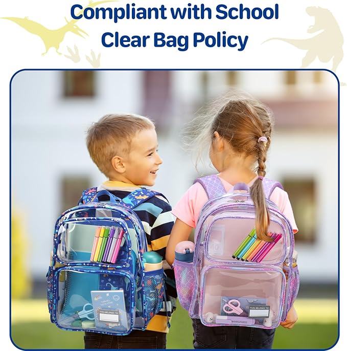 Bagseri 3pcs Clear Backpack for Boys - 15 Inch School Bag Set with Lunch Box and Pencil Case, Heavy Duty Transparent Bookbag for Kindergarten to Grade 2, Blue Dinosaur