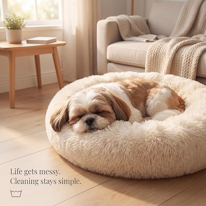 Calming Donut Dogs Beds for Small Dogs Washable,23inch Plush Round Pet Bed for Cozy Sleep,Fluffy Faux Fur Large Cat Bed,Fits up to 25 lbs Pets,Beige