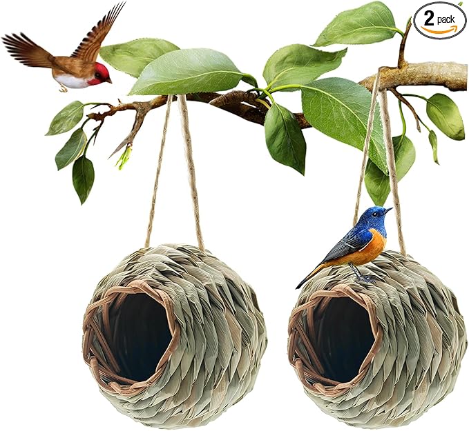 WDEFUN Humming Bird Houses for Outdoor Hanging, Natural Grass Bird Hut,Hand Woven Hummingbird Nest,Wren Finch Bird House for Garden Window Outdoor Home 2 Pack