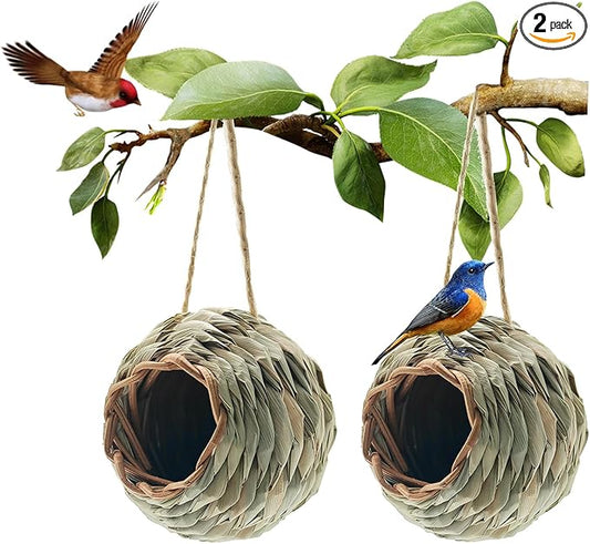 WDEFUN Humming Bird Houses for Outdoor Hanging, Natural Grass Bird Hut,Hand Woven Hummingbird Nest,Wren Finch Bird House for Garden Window Outdoor Home 2 Pack