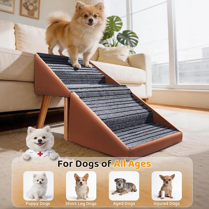 Dog Stairs for Small, Medium, Large Dogs & Cats, 17" H 4‑Step Foldable 2‑in‑1 Wooden Pet Steps with Split Ottoman Design, Non‑Slip Dog Ramp for Couch Bed Sofa for Puppy Senior Injured Pets