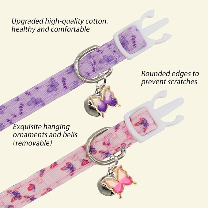 Cat Collars for Girl Cats & Boys, 2 Pack Soft Cotton Breakaway Collar with Removable Bell and Cute Charms, Adjustable Safety Pet Necklace, Butterfly