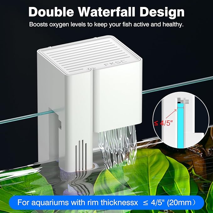 Hang On Back Aquarium Filter for 15 Gallons Fish Tanks, 3-Stage Multi-Stage Filtration with Surface Skimmer, Ultra Quiet HOB Power Waterfall Filter for Freshwater