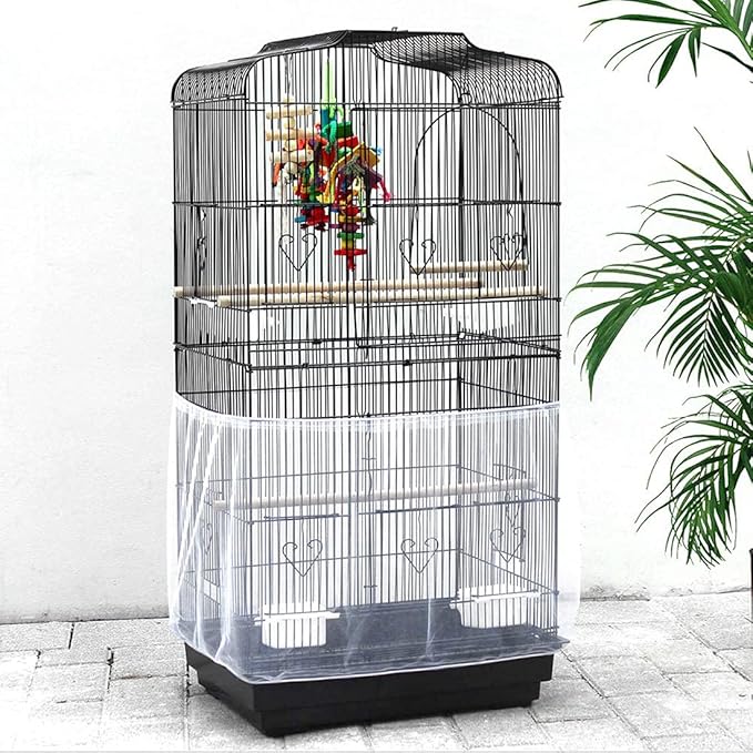 Universal Bird Cage Seed Catcher,Seed Catcher Guard Net Cover,Parrot Nylon Mesh Net Cover,Soft Airy Cage Net Stretchy Skirt for Round Square Cages (Circumference 74 inch to 118 inch，White)…